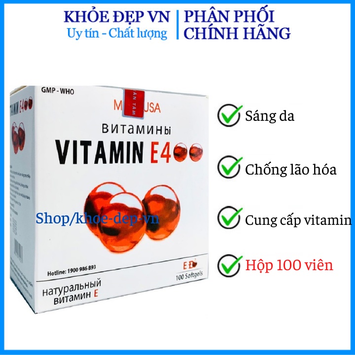 Viên uống đẹp da Vitamin E400 E Đỏ 4000mcg, Aloe vera 500mg - Hộp 100 viên