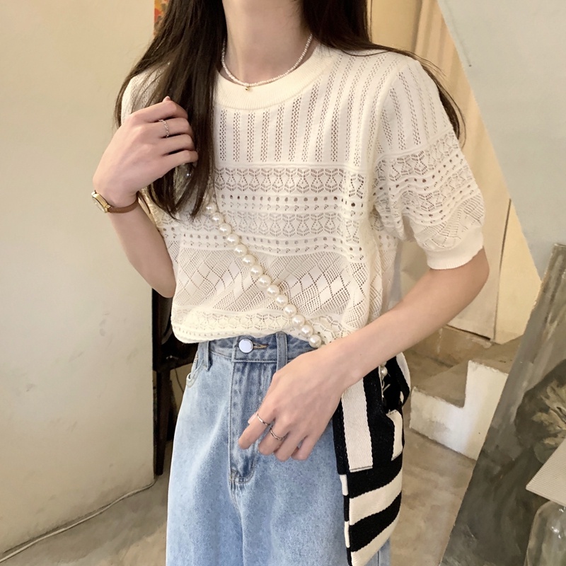 Áo len móc ZHELIHANGFEI tay ngắn dễ phối đồ hợp thời trang dành cho nữ