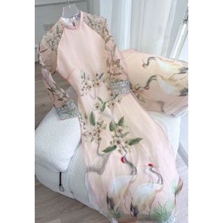 Áo dài cách tân nữ Hoàng Hạc màu hồng sang trọng cao cấp, áo dài truyền thống thiết kế LINN DESIGN