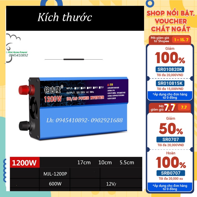 Bộ kích điện ắc quy 12V lên 220V 1200W INVERTER