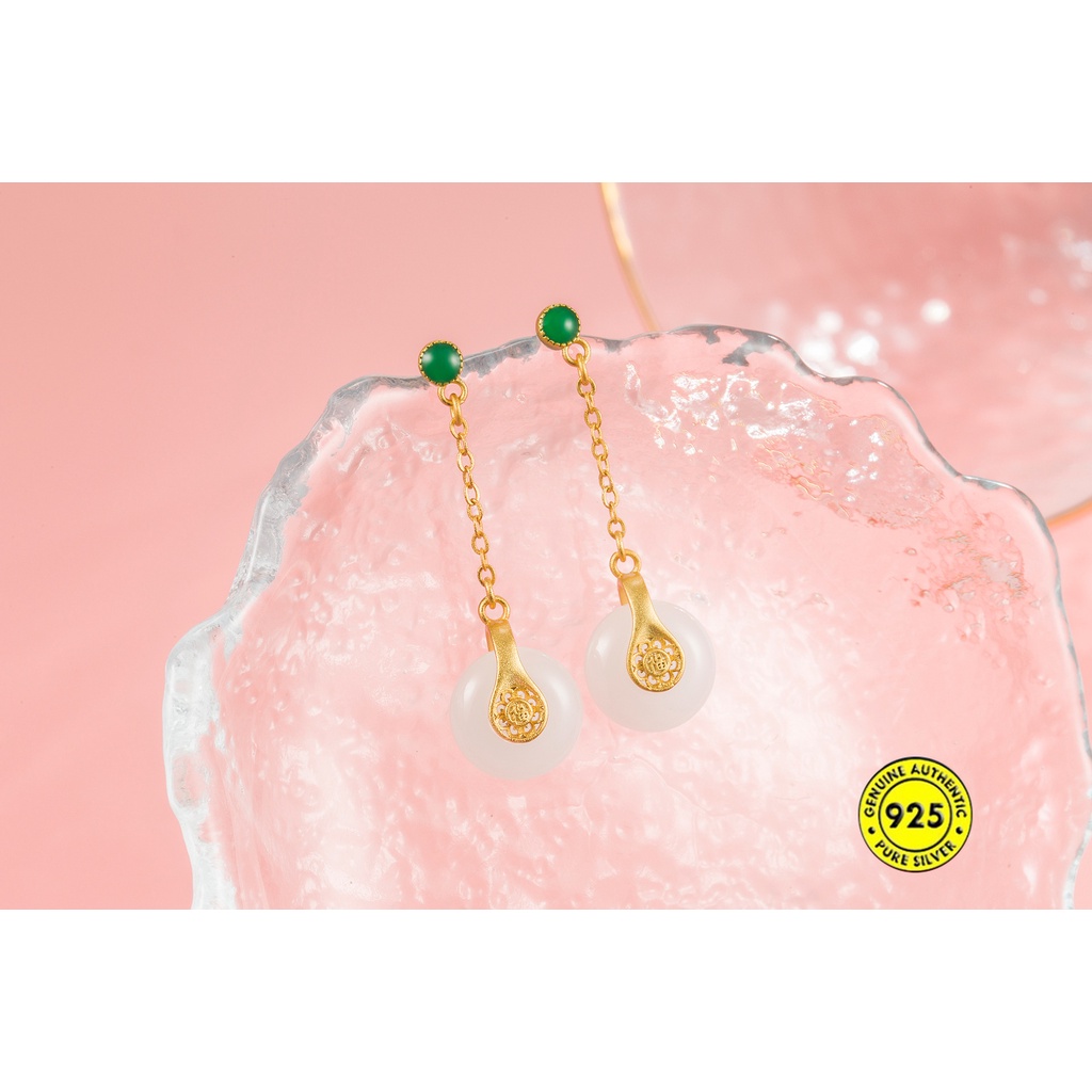 Bông Tai Đính Ngọc Bích Trắng Phong Cách Trung Quốc Cổ Điển Cho Nữ