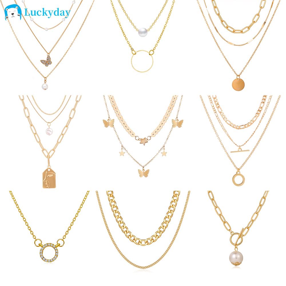 Women Multilayer Star Moon Butterfly Pearl Gold Necklace Rhinestone Love Heart Lock Elegant Clavicle Chain Fashion Jewelry Accessories