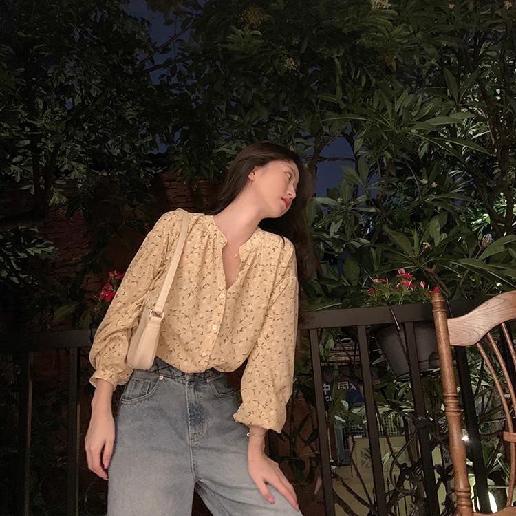 Áo sơ mi SUXI in hoa tay dài kiểu dáng nhẹ nhàng thanh lịch cho nữ