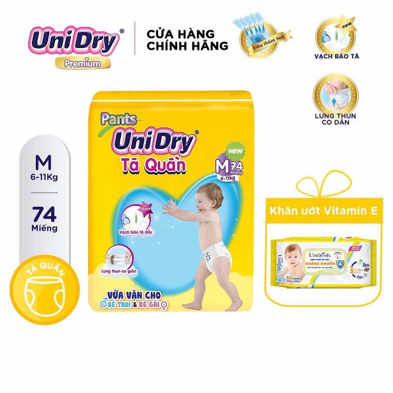 (Tặng 1 khăn ướt Vitamin E) Tã quần UniDry gói Super Jumbo M74/L68/XL62/XXL56