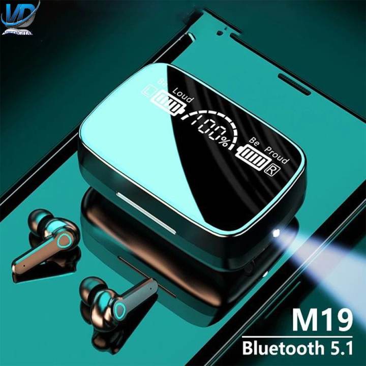 Tai nghe không dây M19 bluetooth 5.1, nhét tai chống ồn, mặt lưng tráng gương và có đèn pin