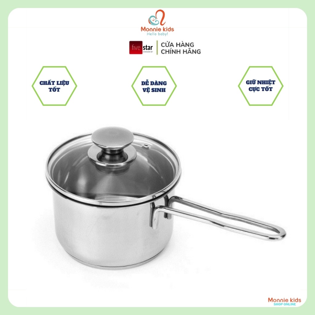Nồi nấu bột cho bé FIVESTAR Inox 3 đáy nắp kính 14cm, nồi inox cho mọi loại bếp - Monnie Kids