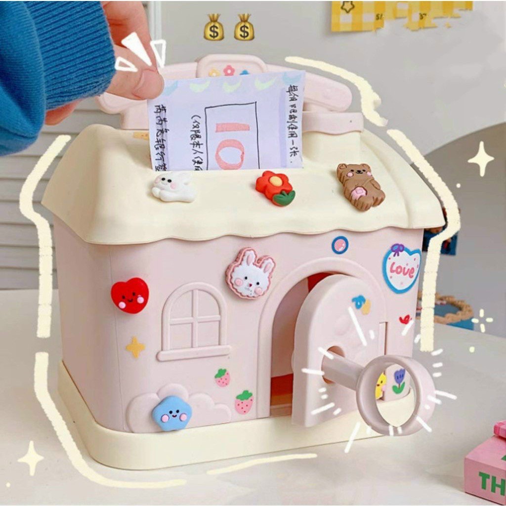 Hộp đựng tiền tiết kiệm hình ngôi nhà có khóa dễ thương kèm sticker, két sắt mini cho bé