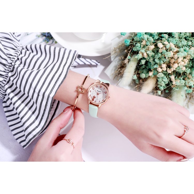 Đồng hồ thời trang nữ mặt mèo dây da tổng hợp yuhao PKHRYU010-1