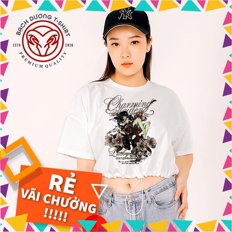 Áo Croptop Tay Ngắn Bạch Dương In Hình Lucky Girl cổ tròn 100% Cotton cao cấp vải dày mịn không xù lông