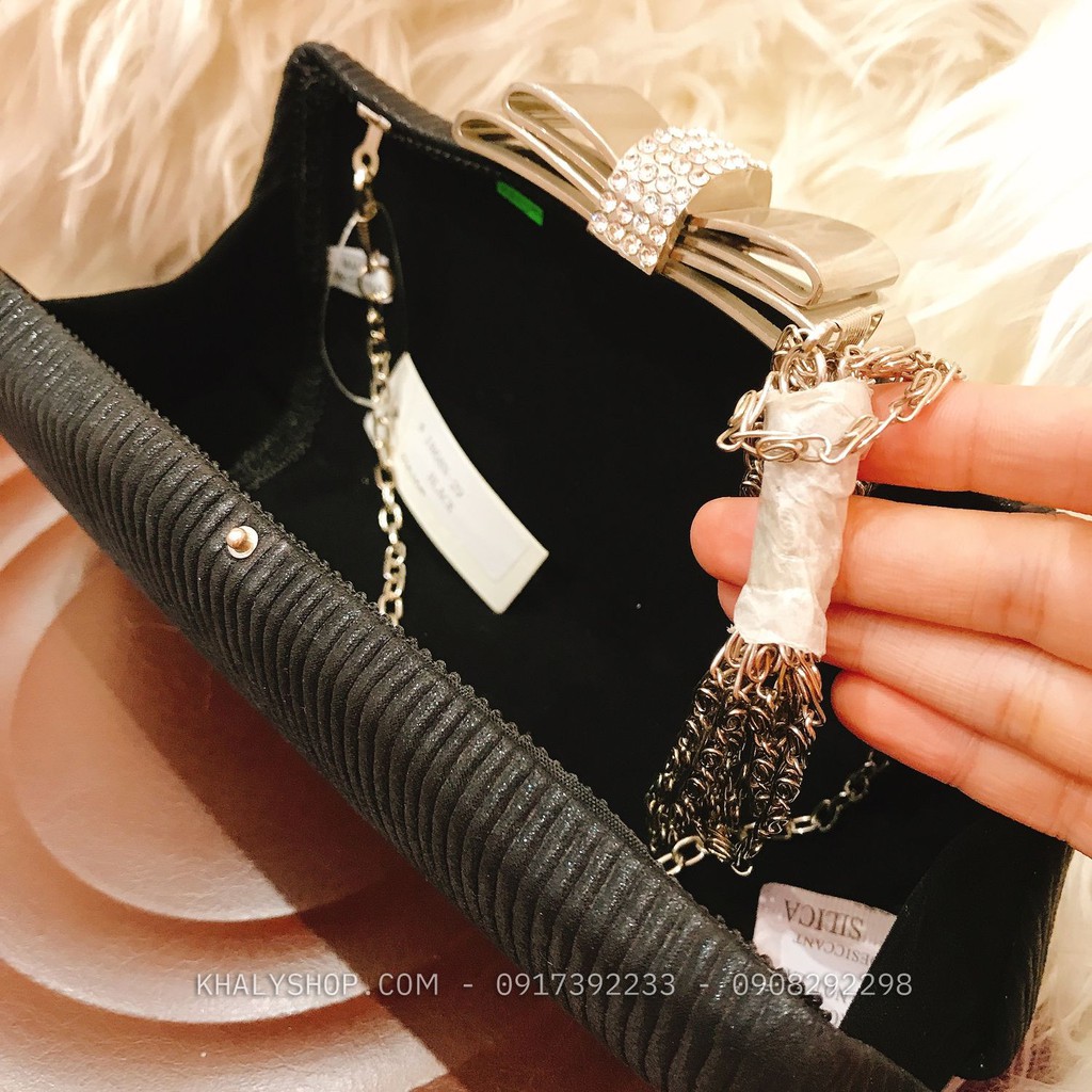 [Sale lỗi nhẹ] Bóp đầm clutch dạ hội dự tiệc sang trọng đeo chéo xách tay màu đen kiểu khóa nơ siêu xinh cho bạn nữ