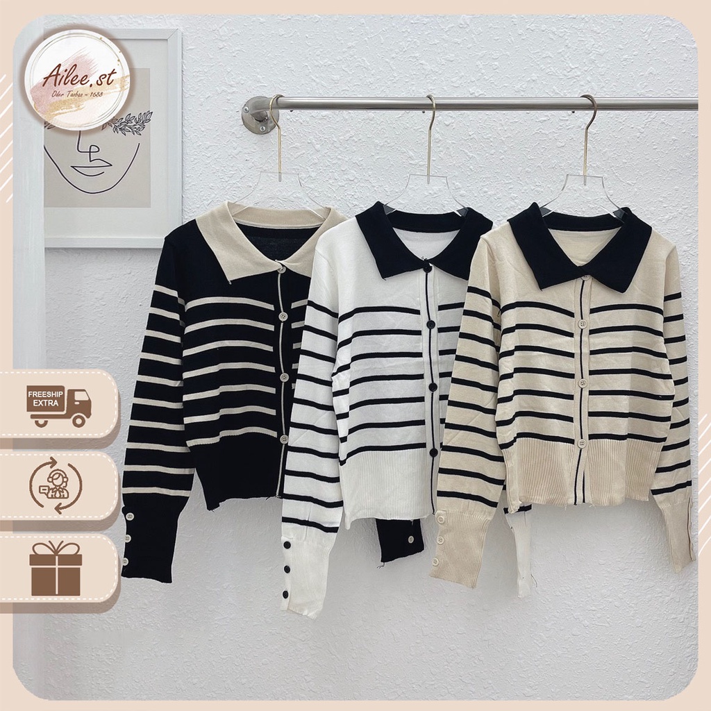Áo Len Dài Tay Polo Cổ Bẻ Cardigan Croptop Kẻ Bo Gấu Phối Cúc Kẻ Ngang Phong Cách Hàn Quốc Ailee AO NU 005A3