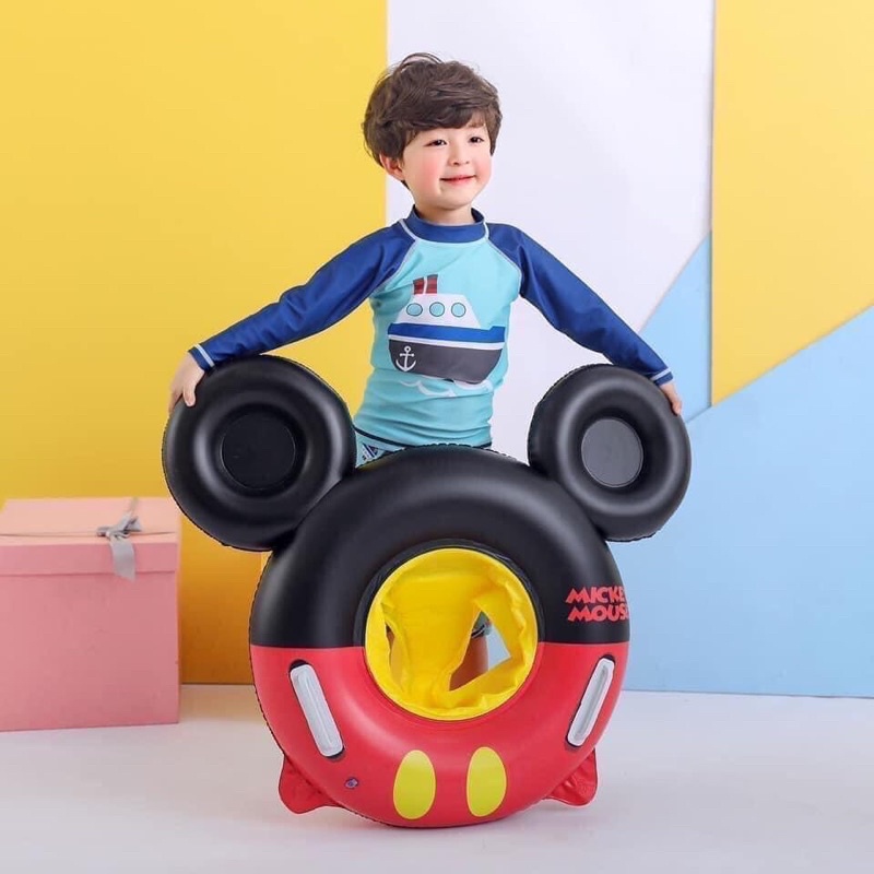 PHAO BƠI HÌNH MICKEY, HỒNG HẠC CHỐNG LẬT CÓ BỆ NGỒI TAY CẦM CHO BÉ TRAI BÉ GÁI