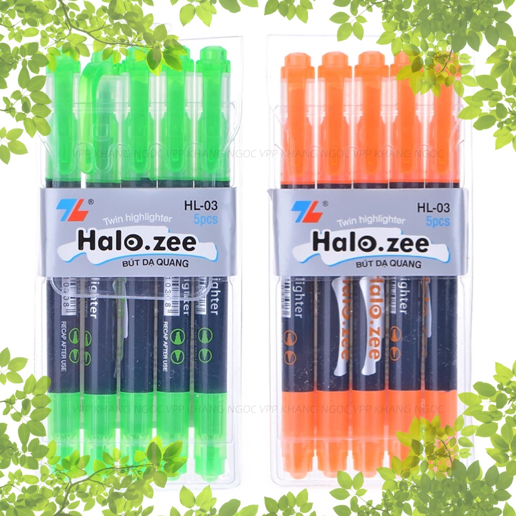 Vỉ 5 Bút Dạ Quang 2 Đầu Halo-zee HL03 Màu Vàng, Xanh Lá, Xanh Dương, Hồng, Cam