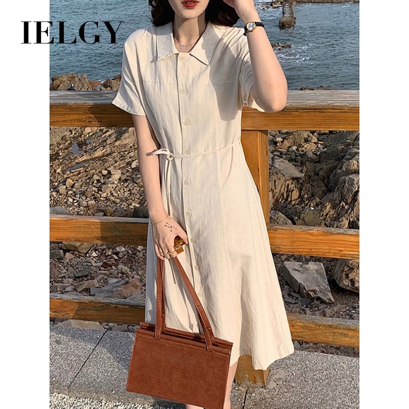 Đầm sơ mi IELGY mỏng màu trơn chiết eo thiết kế thời trang cho nữ
