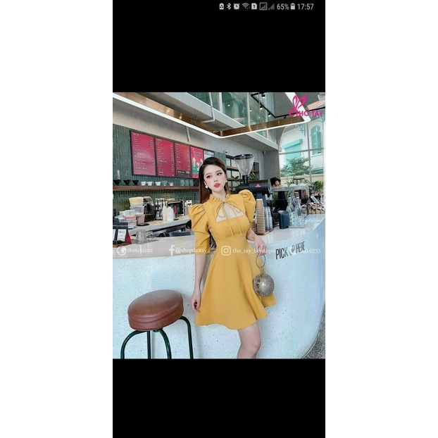 Đầm Xòe Tay Phồng Cổ Tàu Buộc Nơ