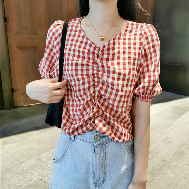 Women's French Retro V-neck Short Sleeve Plaid Shirts Loose Fashion Summer Crop Tops | BigBuy360 - bigbuy360.vn