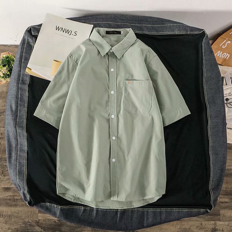 Men's retro simple solid color short-sleeved shirt
