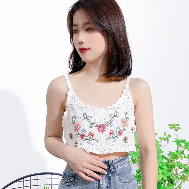 Áo Croptop Dệt Kim Không Tay Thêu Hoa Nhiều Màu Sắc Dành Cho Nữ