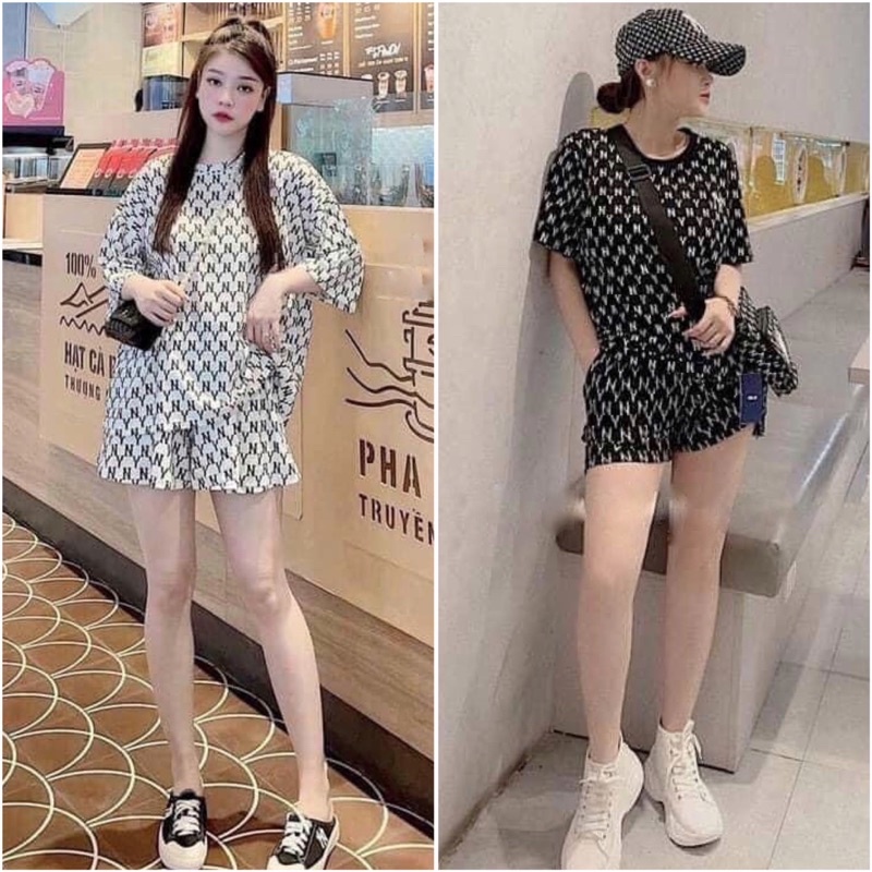 Sét Bộ Hoạ Tiết Áo 2 Màu Đen Trắng Chất Liệu Cotton Mềm Mát ( Video tự quay )