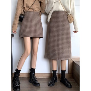 Váy kẻ caro dạ len cạp cao chân chữ A phong cách retro
