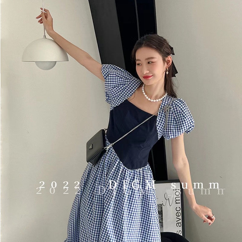 Đầm Chữ A Tay Phồng Họa Tiết Kẻ Sọc Phong Cách retro Thời Trang Hàn Quốc Cho Nữ