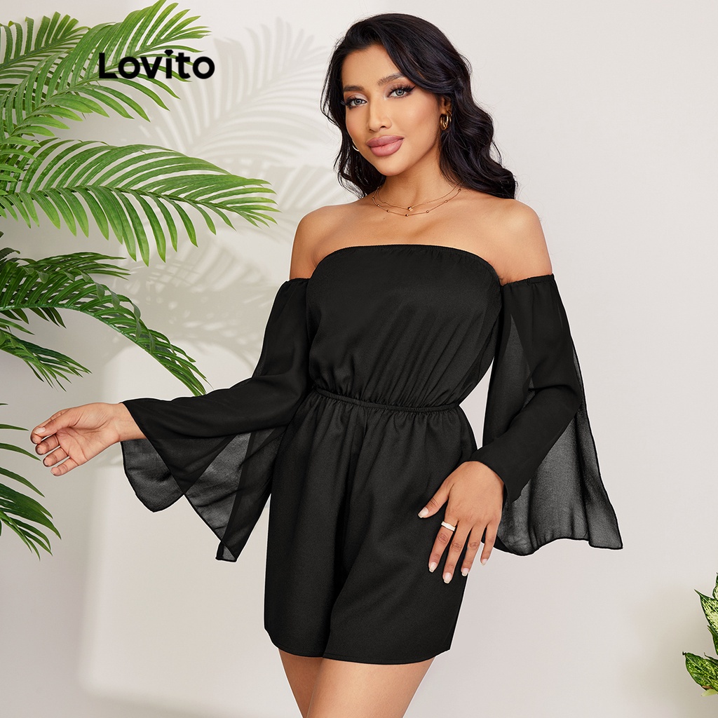 Áo liền quần Lovito trễ vai tay phồng ống rộng màu trơn phong cách lãng mạn L27LD158 (màu đen)