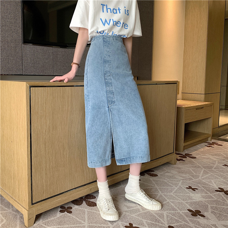 Xiaozhainv chân váy jean Chữ A Lưng Cao Xẻ Tà Phong Cách Retro Hàn Quốc | BigBuy360 - bigbuy360.vn