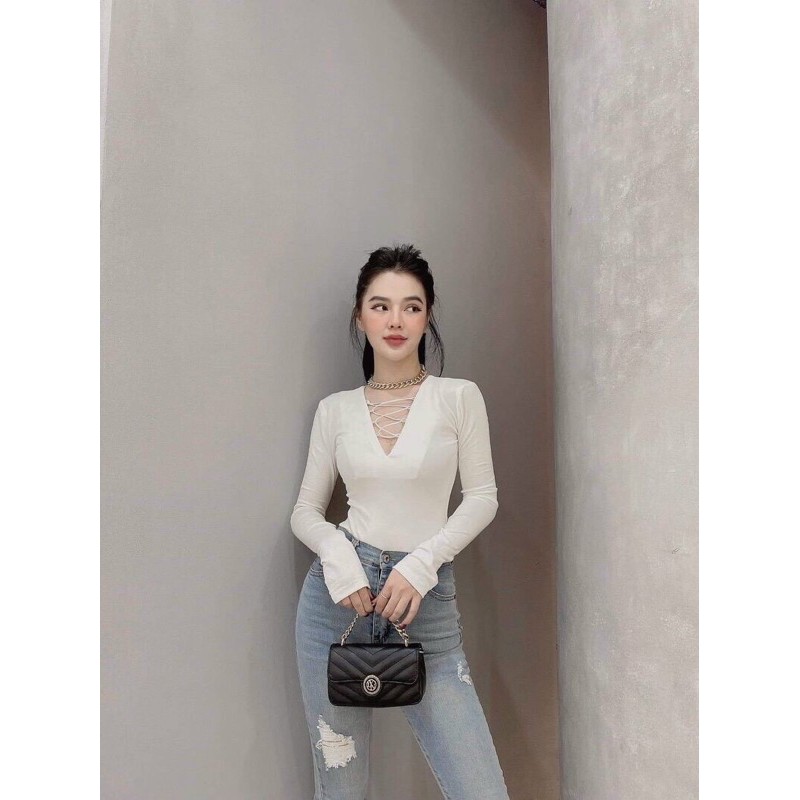 Áo croptop tay dài đan dây trước ngực siêu sexy- A5N