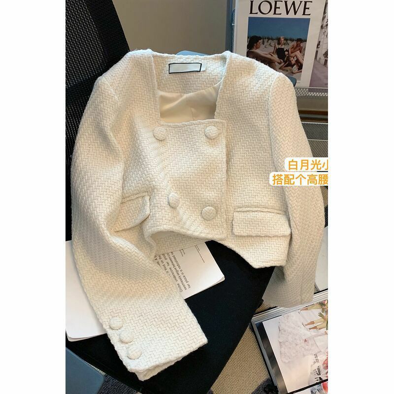 Áo Khoác Dạ Tweed Đan Dáng Croptop Vạt Lệch Phong Cách Hàn Quốc ❤️