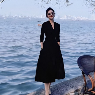 Đầm Dài Ôm Eo Màu Đen Phong Cách Hepburn Hoàng Gia Hoàng Gia Retro Châu Âu Cho Nữ