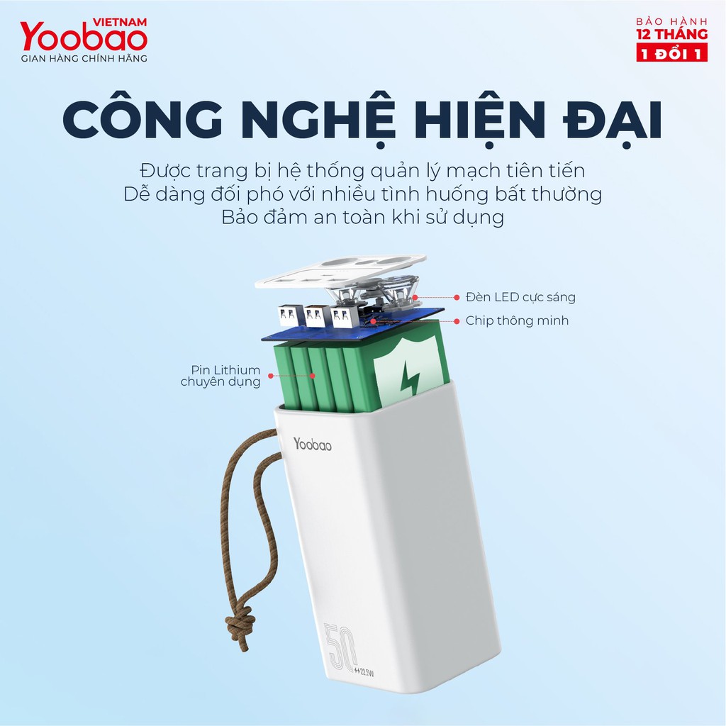 Trạm sạc dự phòng 50000mAh Yoobao H5 4 Cổng sạc nhanh QC 3.0, PD - Đèn PIN siêu sáng - Hàng chính hãng