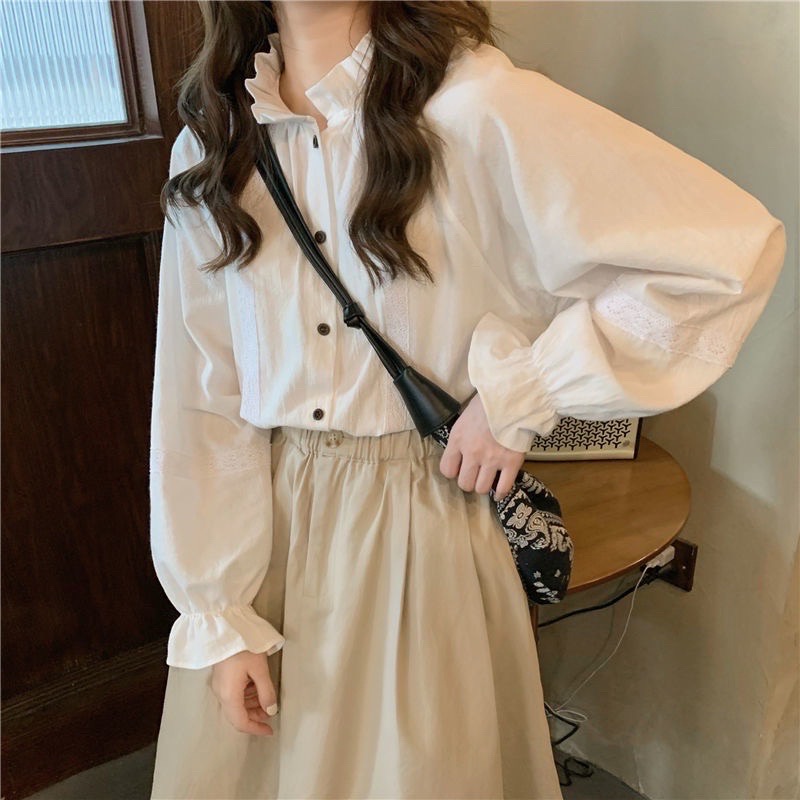 Áo Sơ Mi Tiểu Thư Cổ Trụ Phối Ren Tay Phồng Dáng Rộng 65Kg Trở Lại Ulzzang - MX