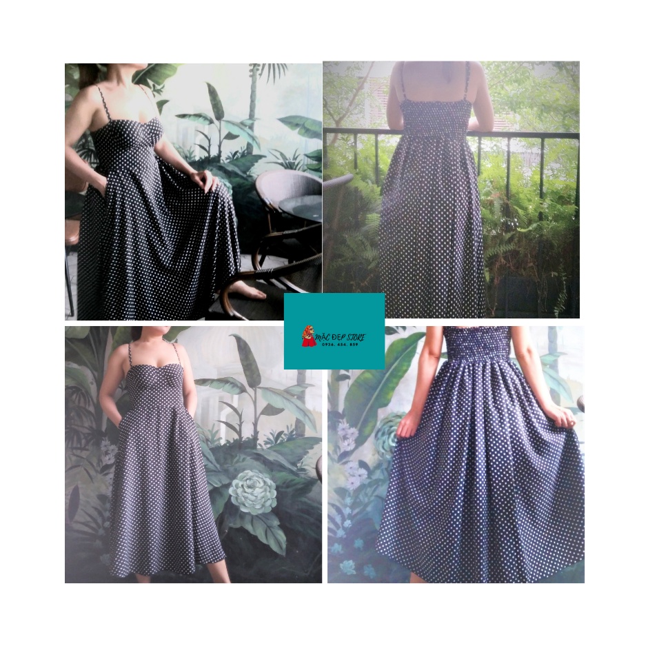 Đầm dài, xòe, hai dây, cúp ngực, chấm bi, bo thun lưng, freesize, 4 dạo phố, đi biển, đi chơi, hack tuổi, hack dáng..