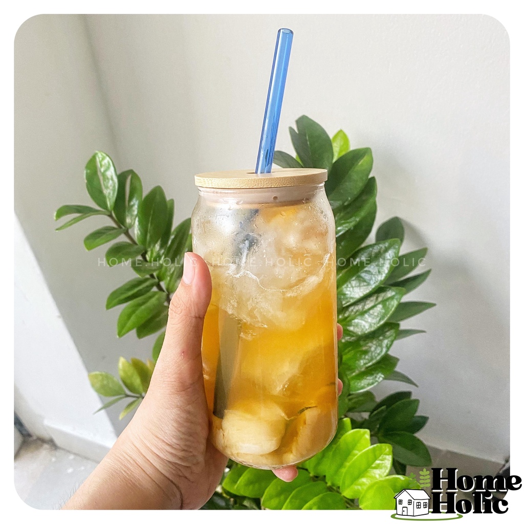 Bình Thuỷ Tinh Có Nắp Gỗ Tre  Borosilicate  Dáng Lon Nước Glass Can Nhiều Màu 380ml - 400ml Home Holic