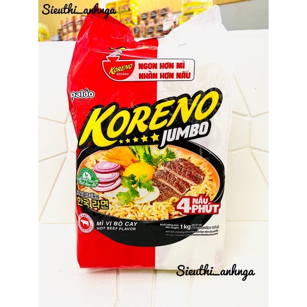 Mì Koreno Jumbo Túi 1kg - Mì Ăn Liền Hàn Quốc Vị Bò Cay ( Túi 10gói x 100gr )