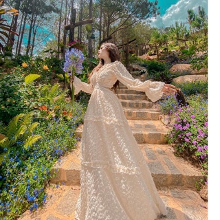 Đầm maxi đi biển đi di lịch sang trọng siêu xinh màu kem - B048