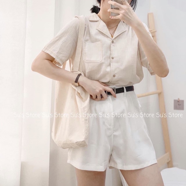 Áo sơmi vintage cộc tay viền chỉ 2 màu