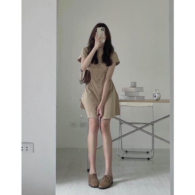 Váy sơ mi nữ xinh cổ bẻ lưng chun xếp ly hông - Đầm polo kiểu chữ A trơn cổ đức xếp ly hông ngọt ngào