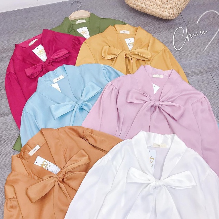 Áo sơ mi lụa trơn nơ tay dài CHUU A5236