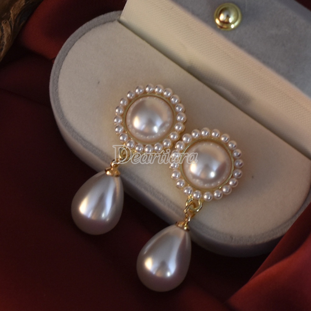 Bông Tai Hình Giọt Nước Đính Ngọc Trai Phong Cách Retro Thời Trang