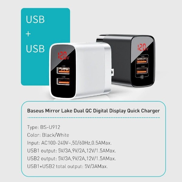 Củ sạc nhanh 18w 2 cổng usb/ usb C - Pd cùng lúc kèm đồng hồ đo dòng điện thông minh an toàn cho điện thoại - Baseus