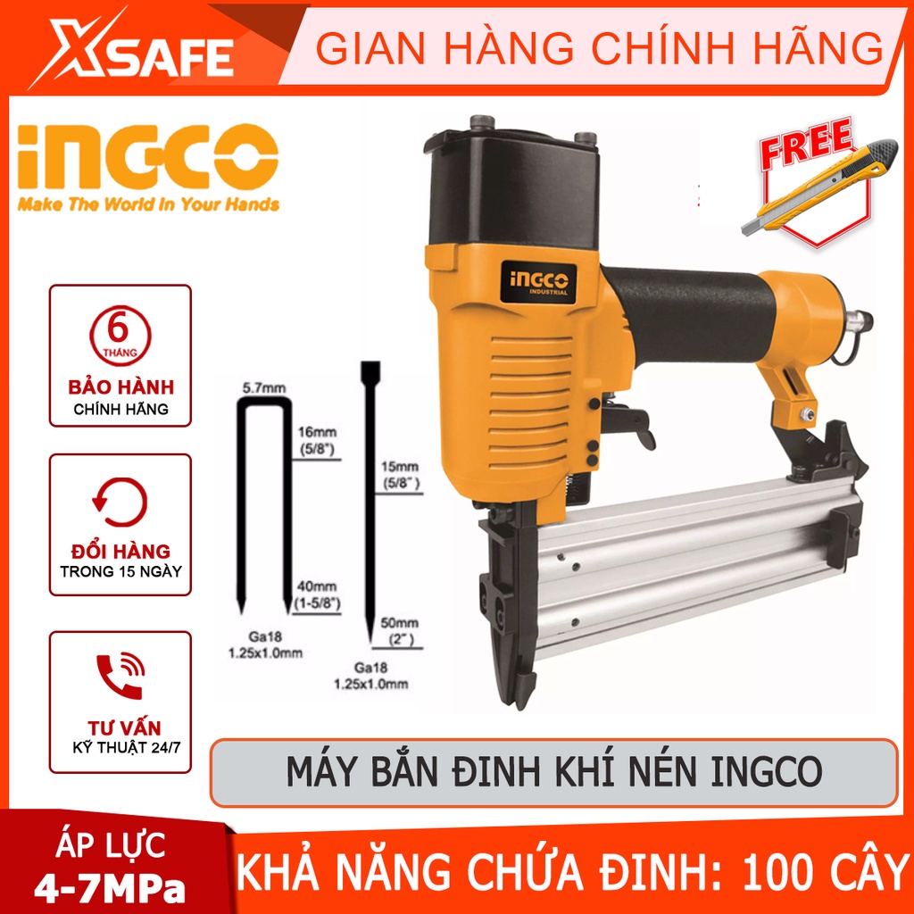 Máy bắn đinh khí nén INGCO ABN15501 Súng bắn đinh thẳng dùng hơi khả năng tải 100pcs, đầu nối loại Nitto - [XSAFE]