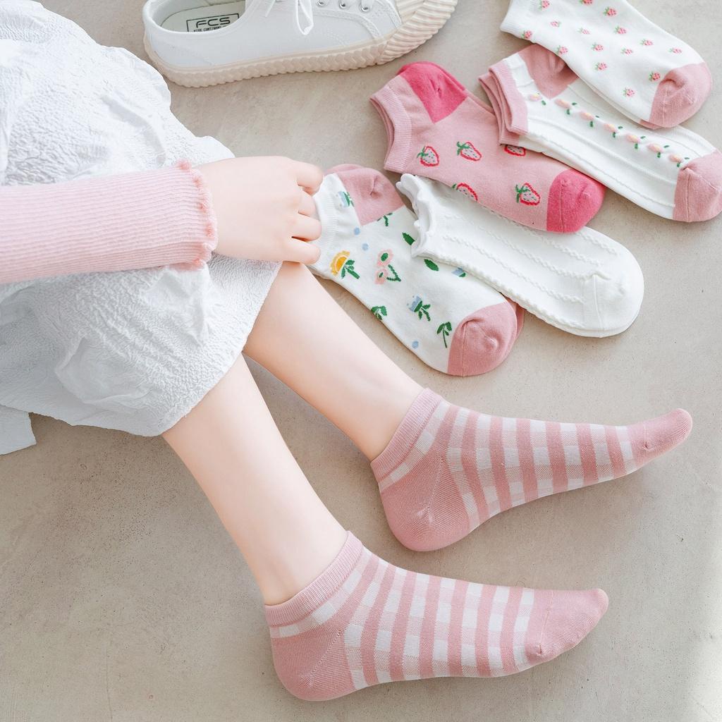 PVN50284 Set 5 vớ nữ cổ ngắn họa tiết dâu tây cute dễ thương phong cách Hàn Quốc Giá Rẻ
