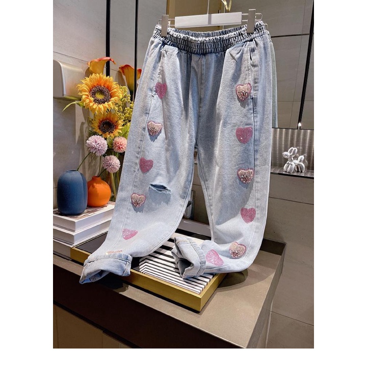 European 2022 spring new heavy industry nail bead love hole water washing light blue loose waist covering meat all kinds of daddy trousers
