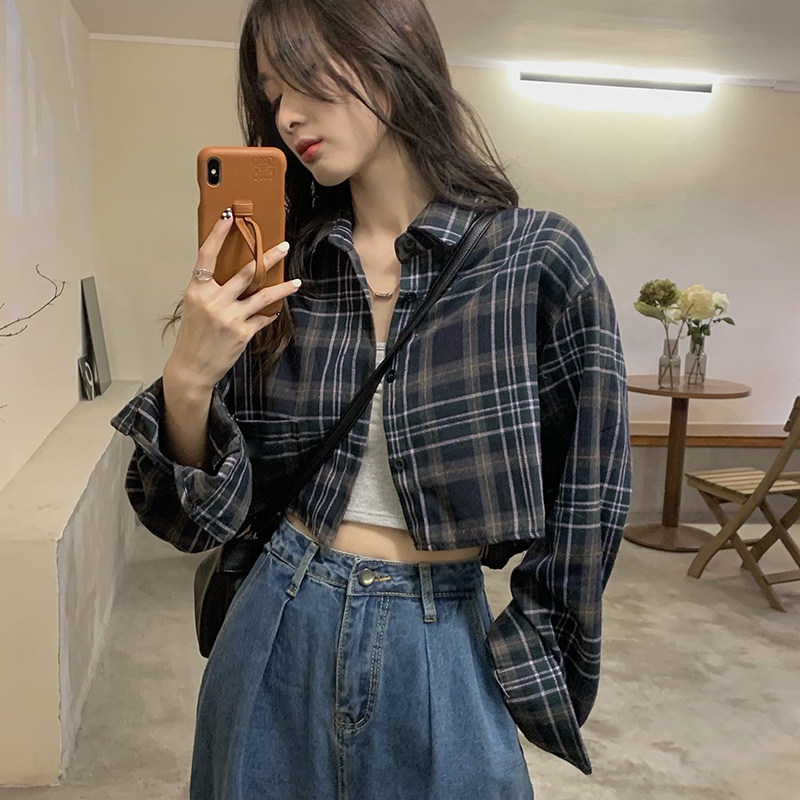 ZHELIHANGFEI Áo sơ mi caro tay dài thời trang cho nữ