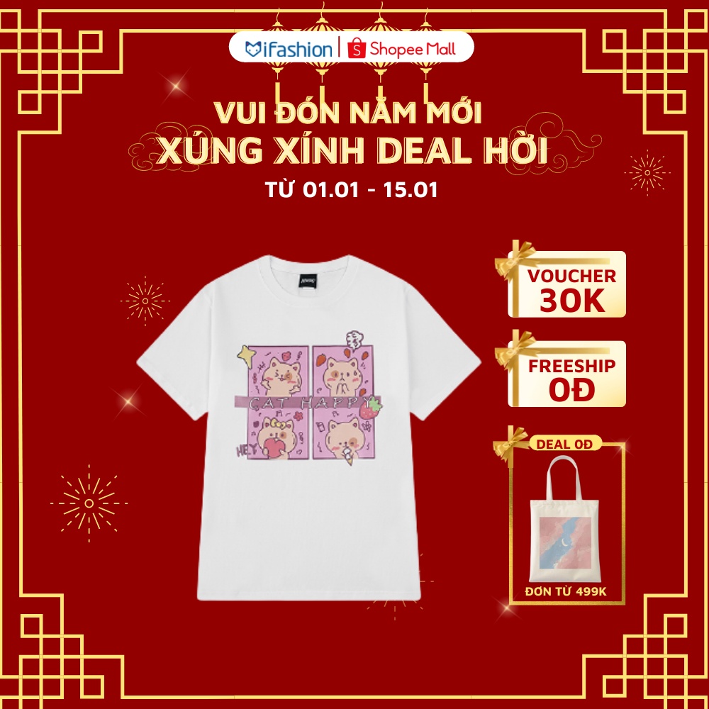 Áo thun unisex IFASHION chất cotton tay lỡ form rộng in hình happy cat N090