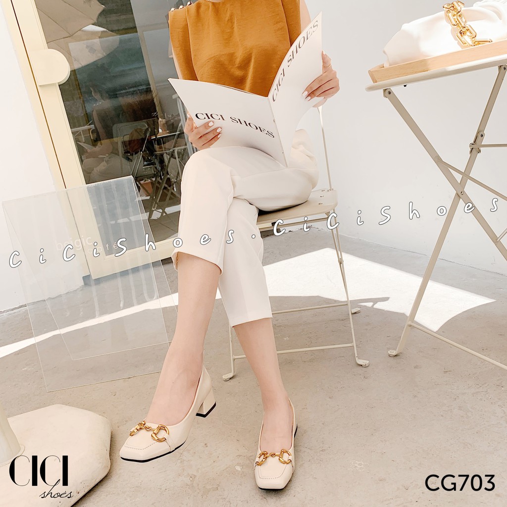 Giày cao gót nữ CiCi Shoes 3cm gót vuông, giầy da mũi vuông móc xích đồng - CG703