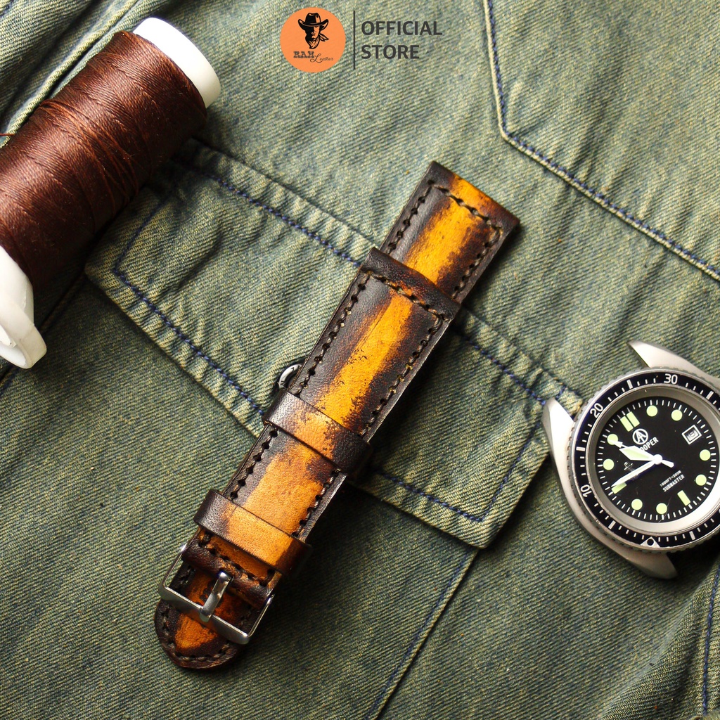 Dây Đồng Hồ Da Thật RAM Leather 1970 Da Bò Italia Vegtan Màu Socola Nền Vàng Bền Đẹp