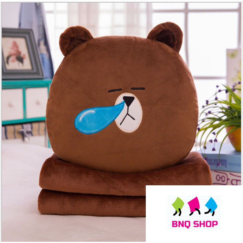 Gối mền LINE FRIEND 3 in 1 GẤU BROWN -  THỎ CONY – VỊT SALLY nỉ nhung siêu mịn, bộ chăn gối văn phòng, du lịch