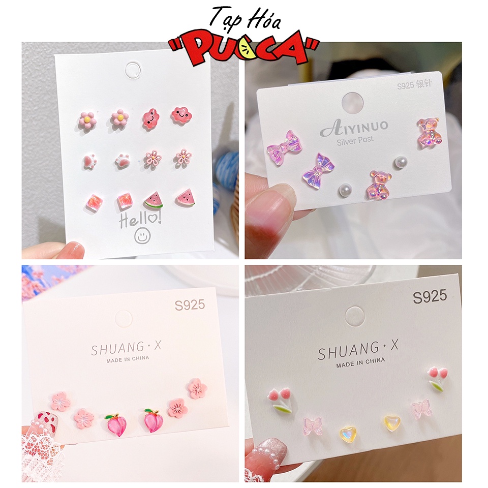 Set Bông tai,hoa tai, khuyên tai hoa Tulip, gấu, nơ, đào dễ thương phong cách Hàn Quốc
